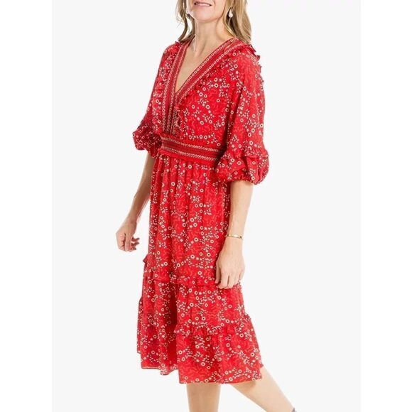 Max Studio V-Neck Empire Waist Dress in Red Size S Puff Sleeve Floral - Picture 1 of 10